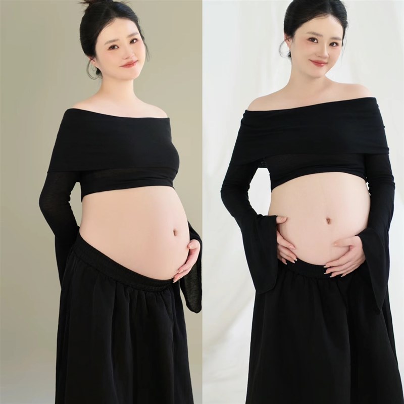 影楼新款孕妇照服装室内简约风高级感孕妈大肚照黑色两件套在家拍