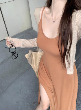 孕妇连衣裙套装休闲时尚夏款紧身包臀v领吊带裙两件套夏季开叉裙