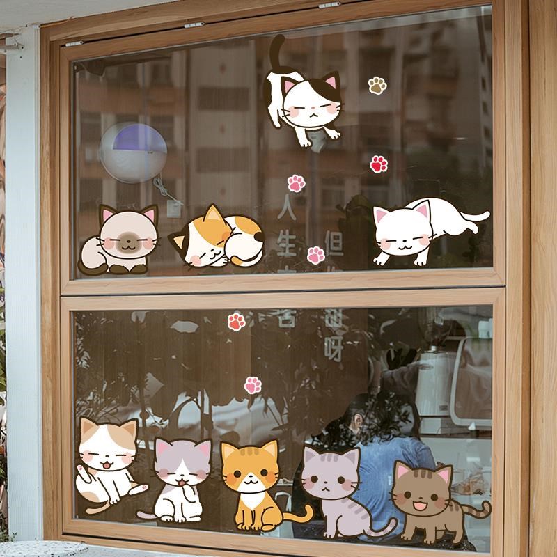 宠物店餐饮便利店玻璃橱窗移门装饰贴纸自粘可爱猫咪狗狗贴画门贴