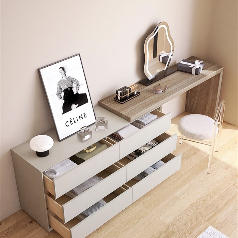 意式极简烤漆梳妆台斗柜一体实木卧室电视柜现代收纳化妆书桌组合