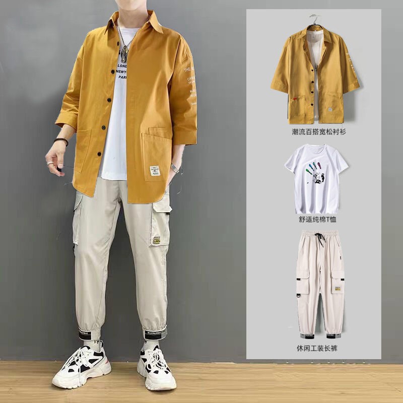 夏季套装男潮流搭配宽松青少年帅气工装宽松衬衫运动X衣服男三件