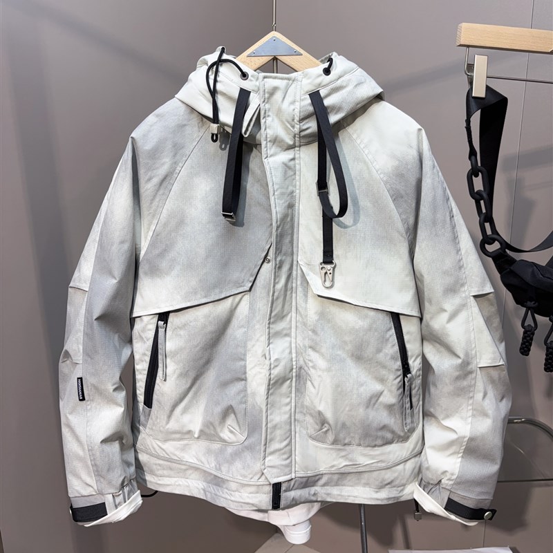 2024秋冬季工装连帽二棉冲锋z衣外套男士晕染潮流大码宽松薄棉上
