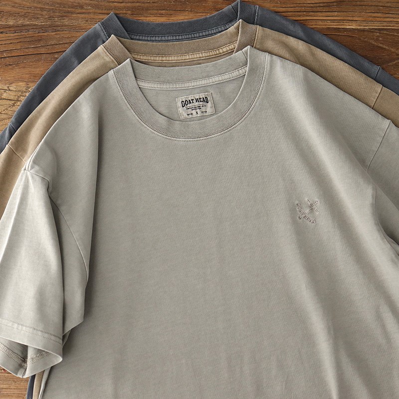 260g重磅g水洗做旧t恤纯棉美式复古刺绣体恤衫宽松落肩短袖男夏季