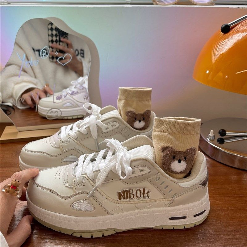奶咖色厚底板鞋女生2023年春季新款大码41-43复古运动百搭小白鞋,女鞋,休闲板鞋,淘宝优惠券,粉丝福利购,淘宝优惠卷