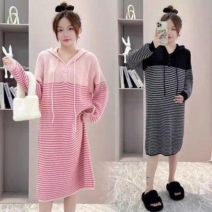 新款孕妇装冬装套装秋冬款连帽条纹针织连衣裙上衣宽松长款毛衣裙