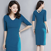 2024春夏款 一步裙 中长款 五分袖 连衣裙深v领气质女神范打底裙修身