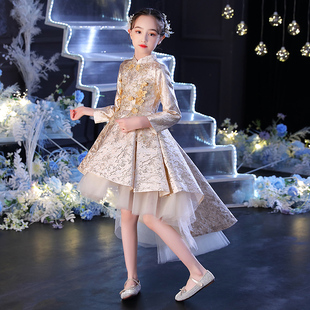 女童前短後长礼服公主裙生日走秀花童主持人儿童钢琴演出服长袖秋