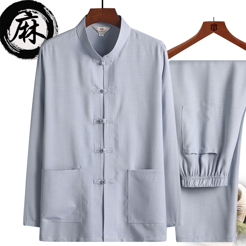 2021春夏季棉麻长n袖唐装男套装中国风中老年人衬衫爸爸装爷爷汉