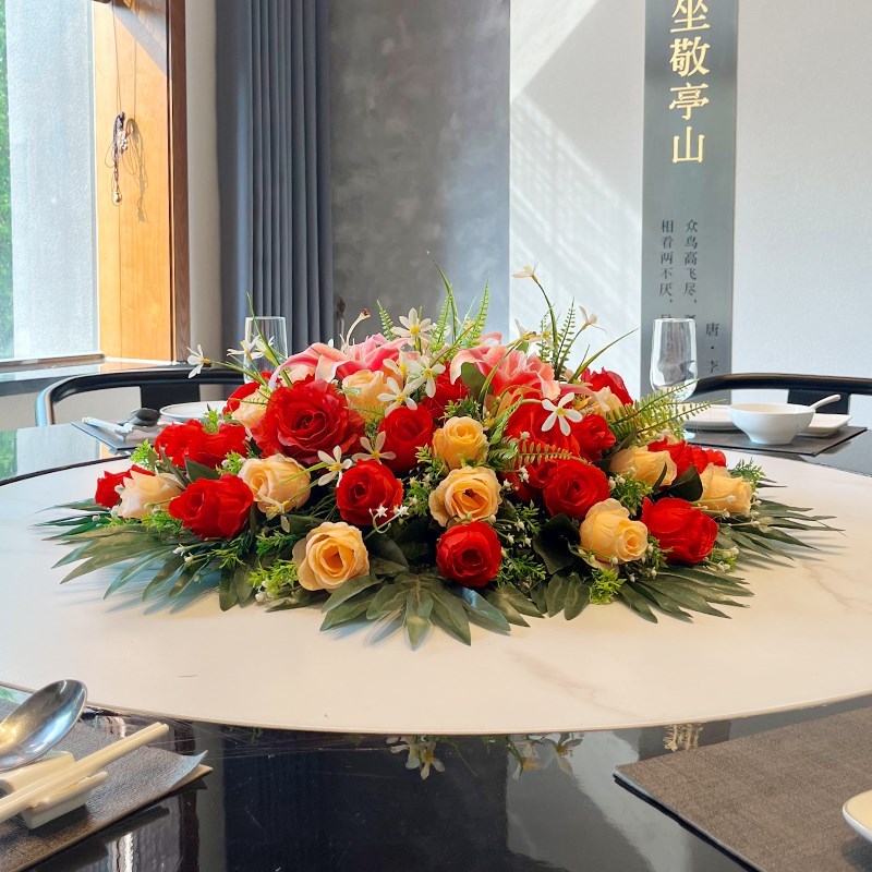 饭店餐桌c花绢花圆桌装饰花餐桌摆台花圆桌花艺酒店大圆桌中间摆