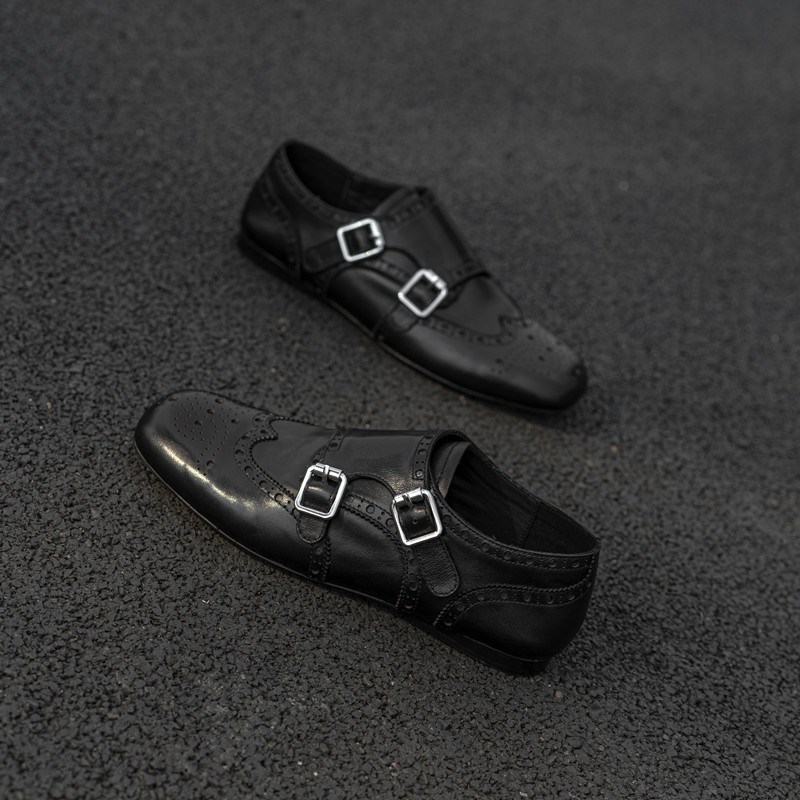 25春新款真皮平底黑色英伦风x小皮鞋女平跟方头皮带扣雕花懒人单