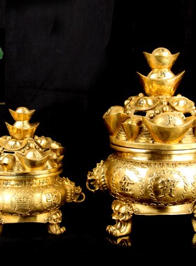 开盖三足元宝聚宝盆摆件铜元宝铜聚宝盆工艺品店铺摆设可开盖摆设