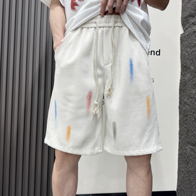 夏季薄款彩色手绘条纹涂鸦短裤宽松直筒运动五分裤休闲百搭中裤子