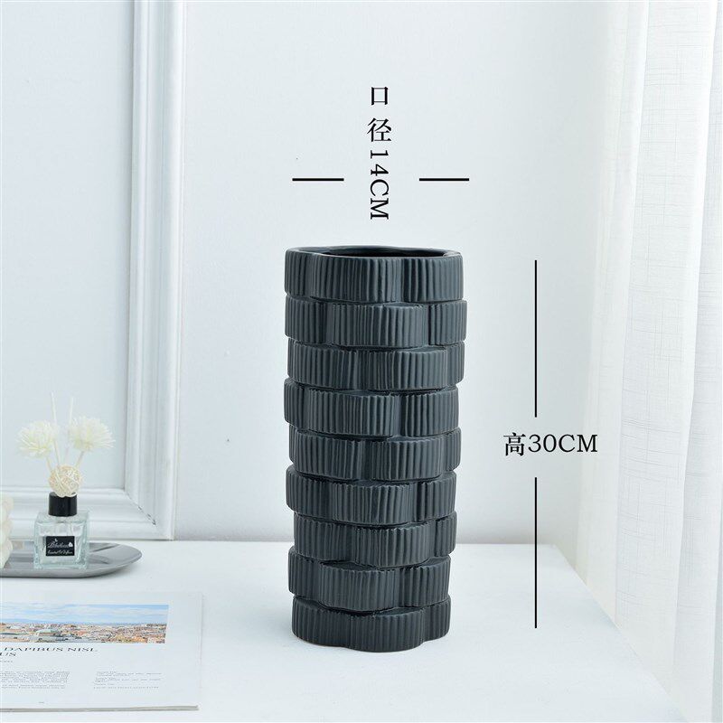 简约现代竖纹圆i柱黑白色釉陶瓷花瓶园艺花盆装饰工艺品摆件六曲