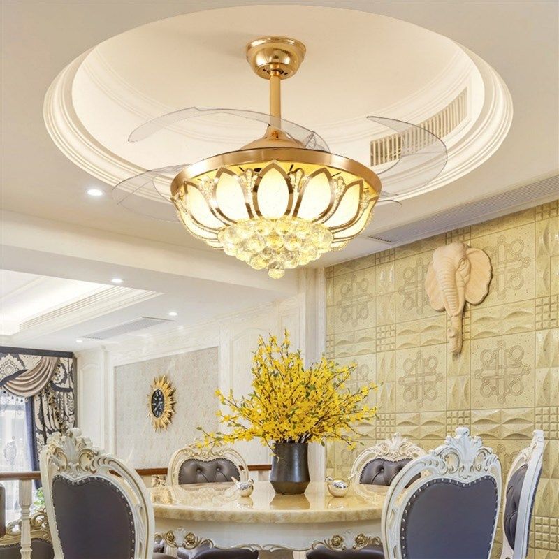 隐形风扇灯餐厅水晶吊扇灯客厅家用欧式金色变频遥控带电风扇吊灯