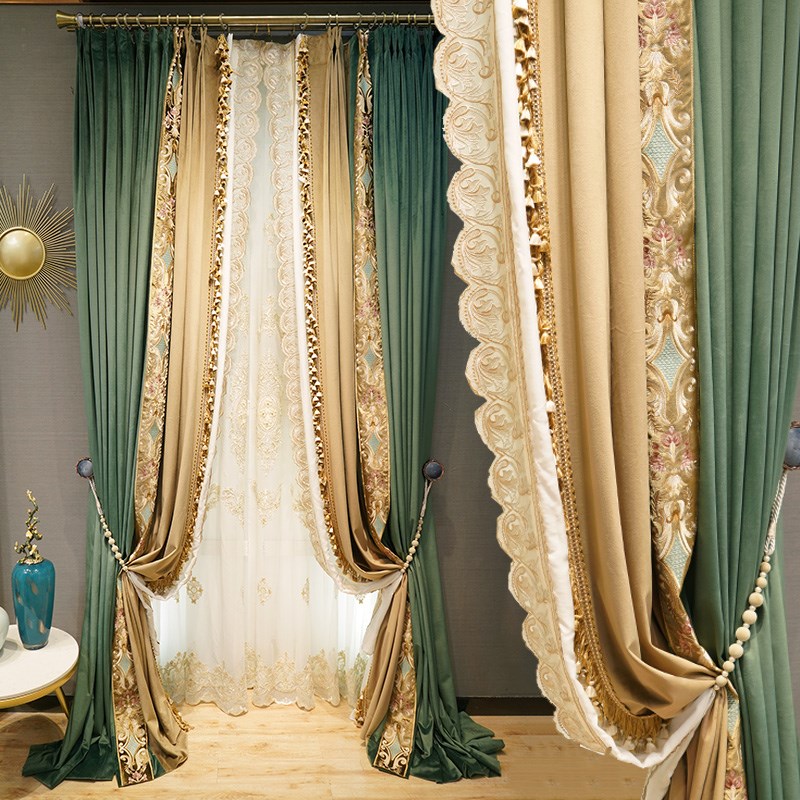 法式轻奢复古绿i色拼接绣花窗帘丝绒布客厅卧室成品别墅落地窗遮