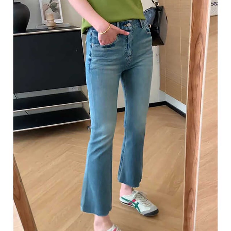 夏季薄款蓝色微喇牛仔裤女大码胖妹妹mm高腰弹力显瘦梨形身材裤子