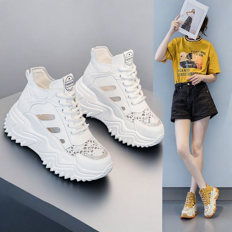 凉鞋女夏季镂空透气内增高女鞋8cm真皮小白鞋厚底休闲运动高帮鞋