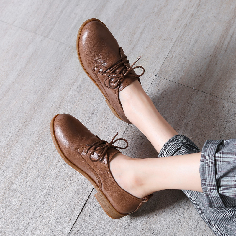 复古英伦风小皮鞋女软皮春款牛津深口单鞋真皮平底大码女鞋41 42