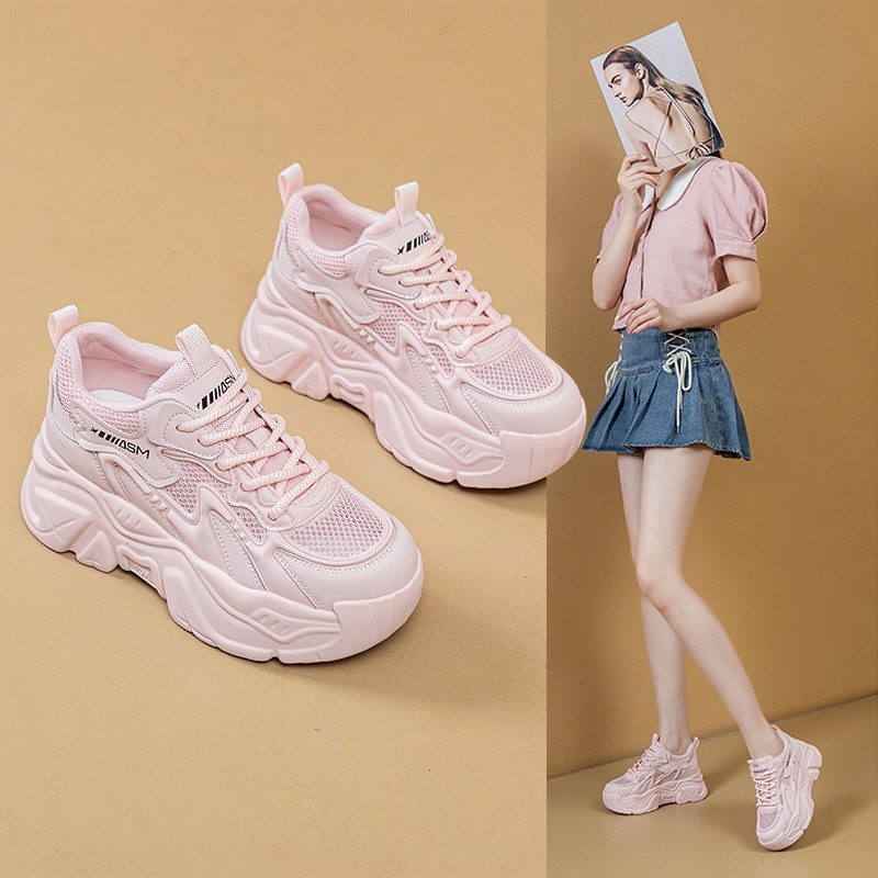 真皮爆款网纱透气老爹鞋女夏松糕小白鞋粉色厚底内增高运动休闲鞋