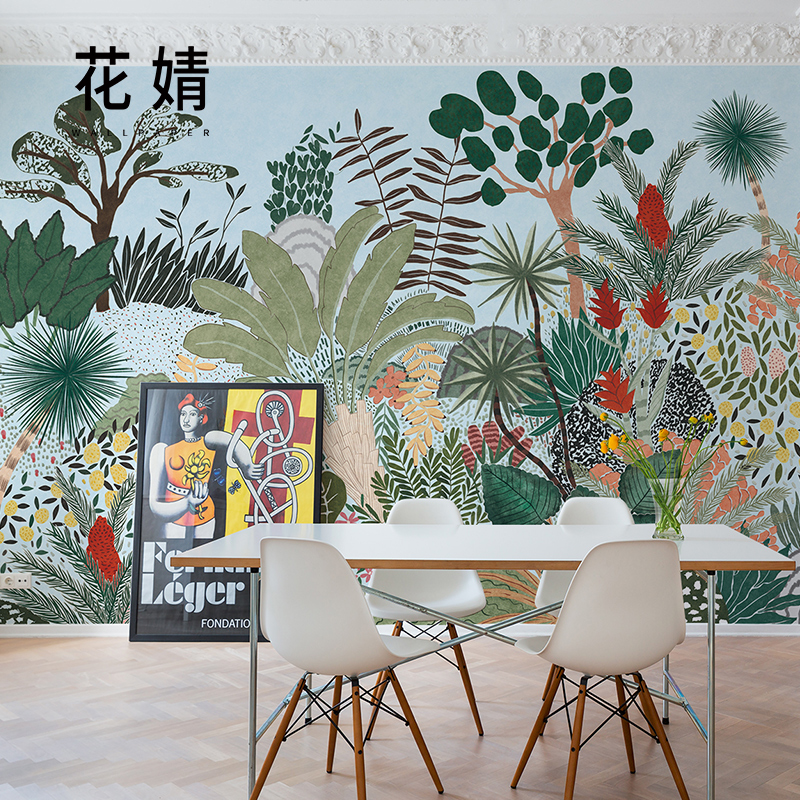 北欧风热带森林墙纸电视背景墙定制壁布温馨叶子卧室餐厅壁纸壁画