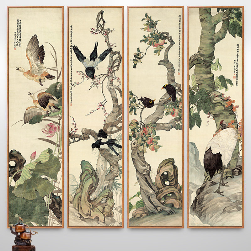 刘奎龄国画工笔花鸟画q新中式装饰画客厅四联画走廊竖版挂画中国