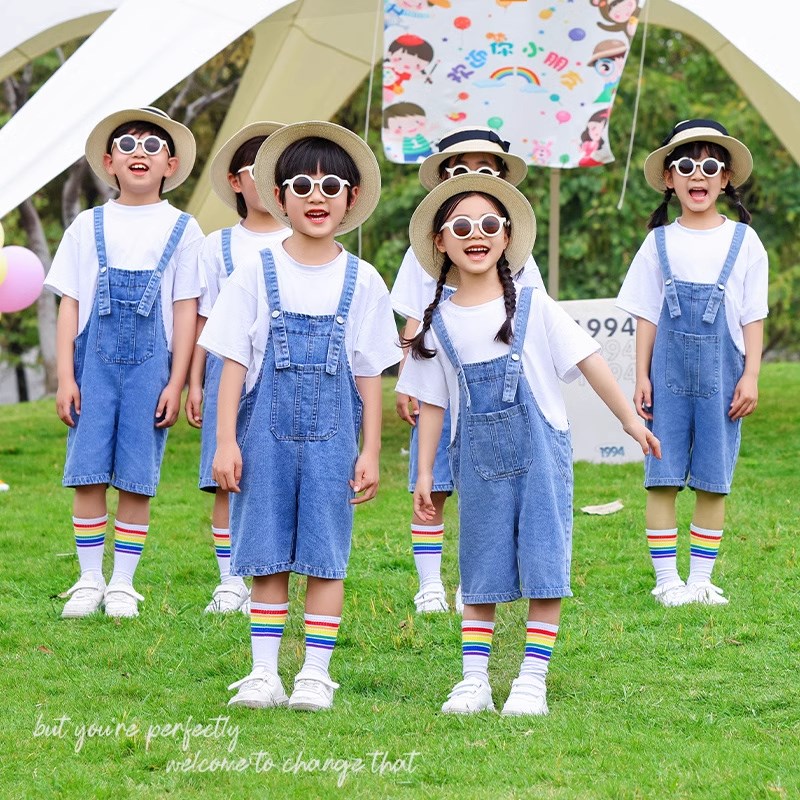 六一幼儿a园运动会班服男童女童牛仔背带短裤套装儿童演出服装夏