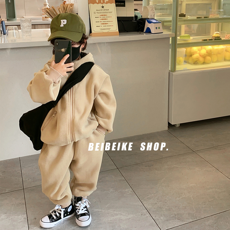 软绵~男童摇粒绒连帽套装冬季儿童加绒运动N2件套拉炼衫外套长裤