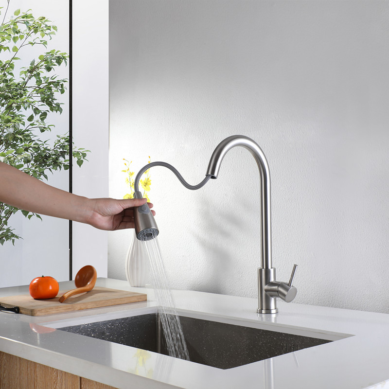 不锈钢无铅伸缩抽拉式厨房水龙头冷热万向拉丝菜盆龙头水槽专用