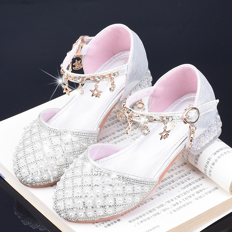 银色女童表演鞋春秋皮鞋小模特走秀鞋礼服鞋儿R童高跟鞋公主水晶