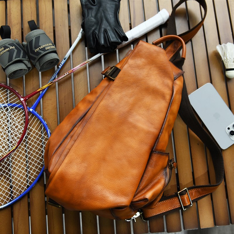 新款真皮男士斜挎包头层植鞣牛皮羽毛球拍背包运动休闲骑行胸包潮