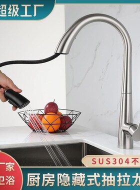 枪灰色304不锈钢洗菜盆可伸x缩旋转抽拉式家用冷热水槽厨房水龙头