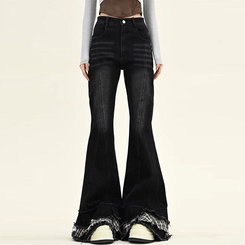 大码美式复古格子拼接毛边牛仔裤女胖mm黑色裤子修身显瘦喇叭长裤