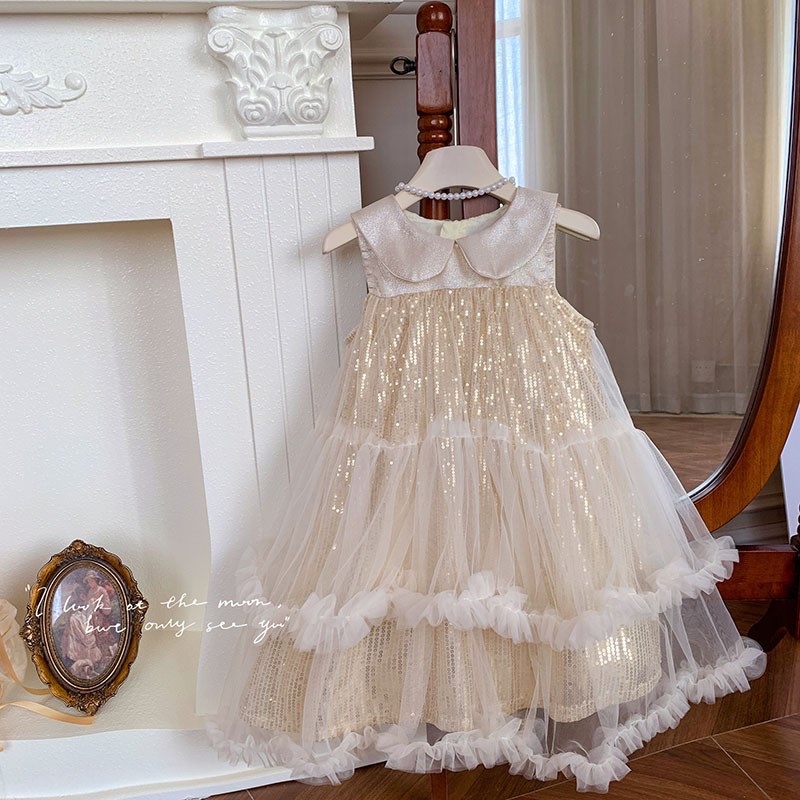 女童重工连衣裙2025夏季新款韩系小女孩网纱亮片公主裙生日礼服裙