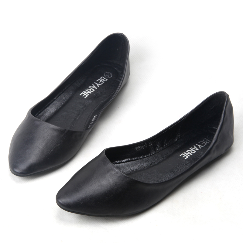 黑色平底女鞋 浅口软底软面单w鞋 工作鞋大码42 小码33简单光面鞋