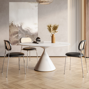 转盘德利丰小户型纯黑饭桌 岩板餐桌简约纯白色圆桌家用圆形内嵌式