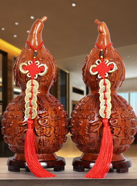 天然桃木葫芦大号五帝钱葫芦挂件招财木质工艺品客厅家居饰品