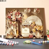 数字油画手工填充粉色瓶玫瑰卉手绘涂色新卧室油彩画画