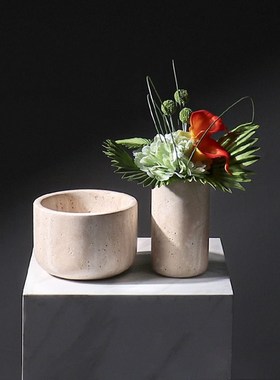 侘寂风黄洞石花瓶高级感复古软装样板房玄关桌面装饰摆件家居饰品