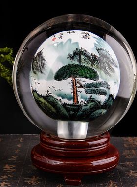 内画水晶球摆件牡丹花八骏图迎客松富贵鱼花开富贵五牛图中式家居