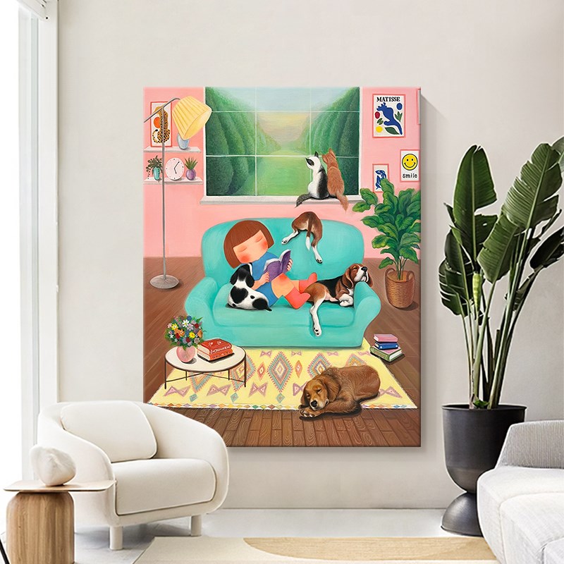 温馨儿童房纯手j绘卡通装饰画玄关壁画客厅大幅落地画丙烯肌理挂图片