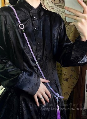 2024新款紫色串珠斜挎链新中式小众高级感项链国风复古马面裙配饰