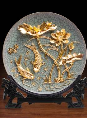 年年有余漆线雕陶瓷工艺品摆件摆盘家居饰品乔迁新居礼物开业礼品