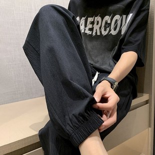 子男夏季 百搭黑色束脚裤 薄款 男生亚麻显瘦运动裤 九分休闲裤 棉麻裤
