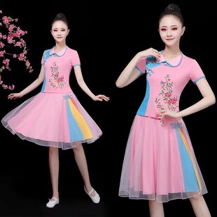 广场舞服装 f女跳舞衣服套装短袖短裙 夏季民族风舞蹈服绣花演出