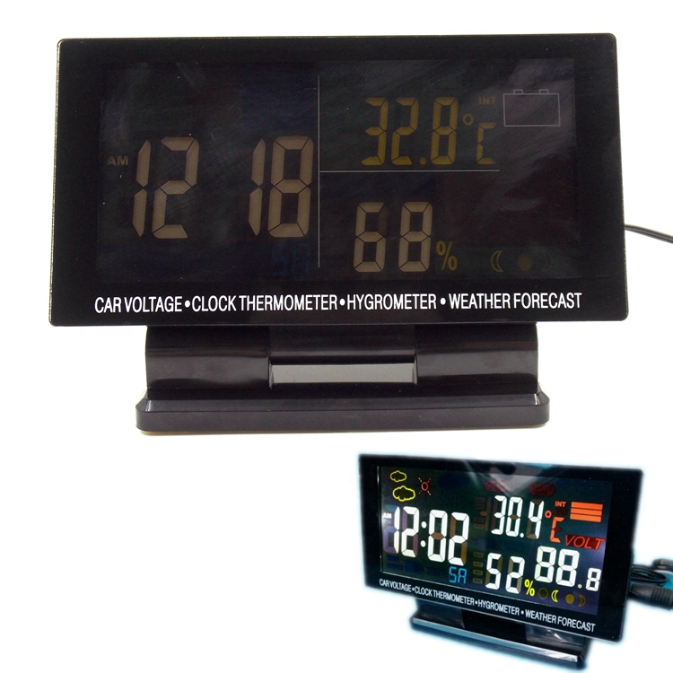 新款车载LEfD彩屏时钟 车用室内外温度湿度计 天气预报 电压显示