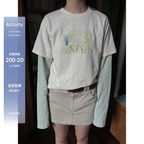 POXFFEE/假两件长袖t恤女宽松设计感小众辣妹正肩内搭打底衫上衣