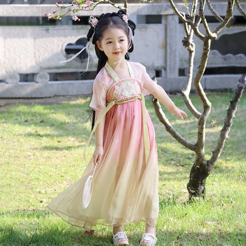汉服女童夏季2025新款女孩粉色公主连衣裙儿童国风超仙襦裙表演服