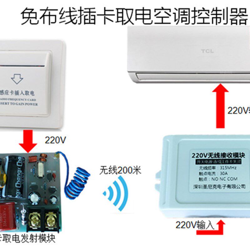 宾馆民宿空调无线插卡取电节能改造免布线 22O0V同步控制电力开关