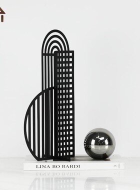 现代简约轻奢黑色金属网格屏风镂空几何摆件样板间客厅桌面装饰品