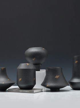 现代黑色陶瓷新中式客厅花瓶花器摆件样板间N博古架书柜装饰品摆